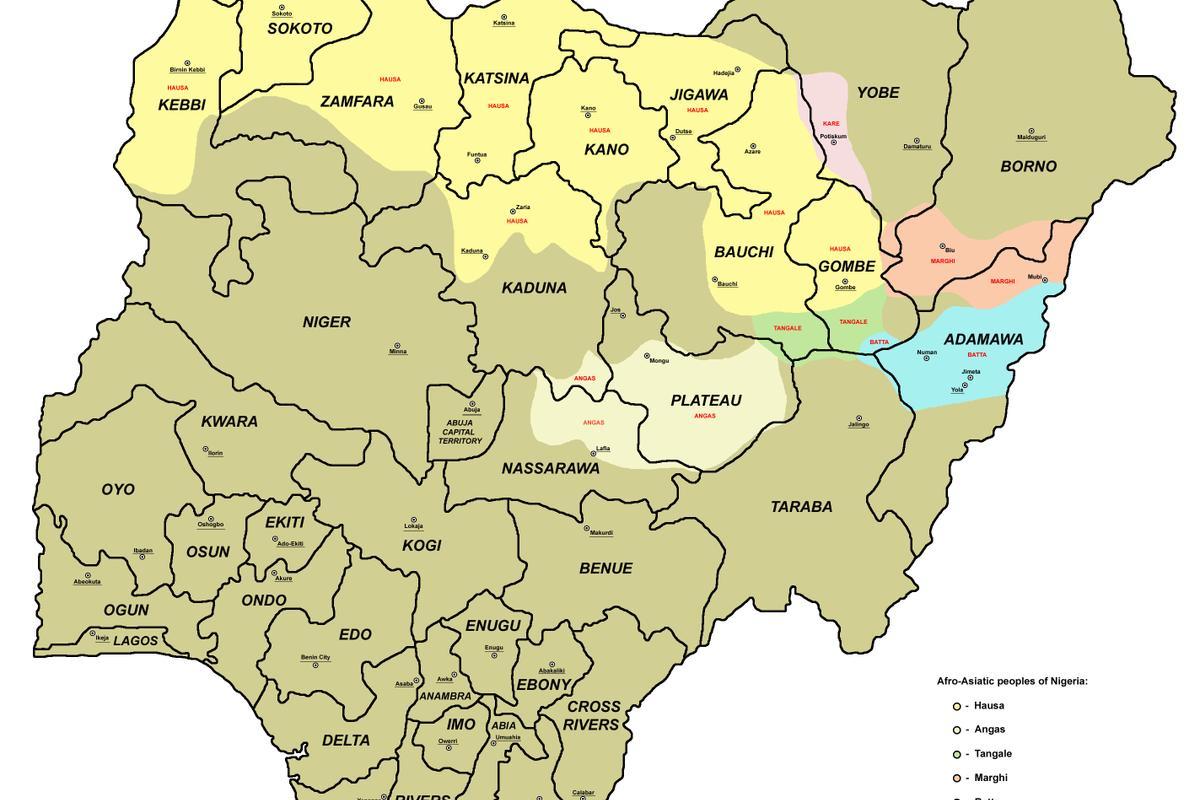 mapa dos 36 estados da nigéria, com