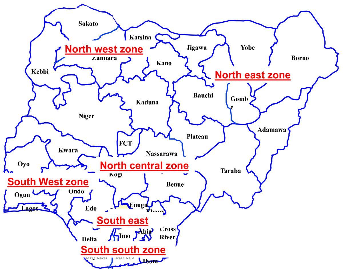 mapa da nigéria mostrando seis zonas geopolíticas