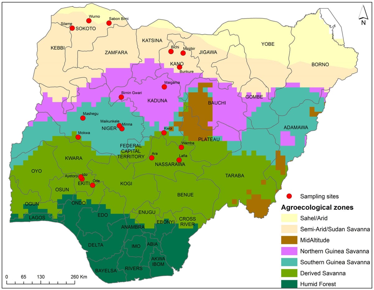 mapa da nigéria, mostrando a distribuição dos cultivos