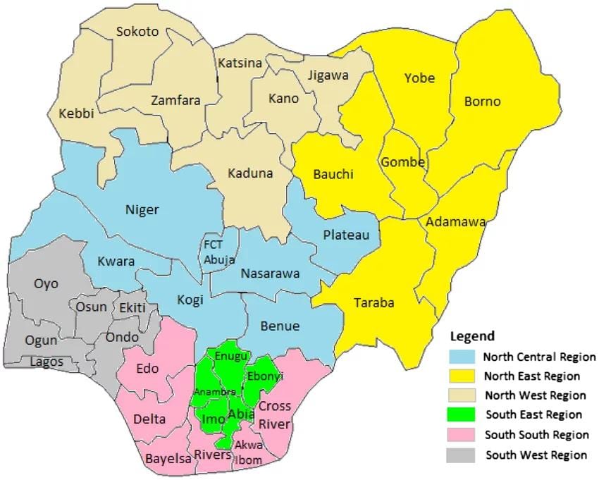 Mapa da nigéria, mostrando a geopolítica zonas