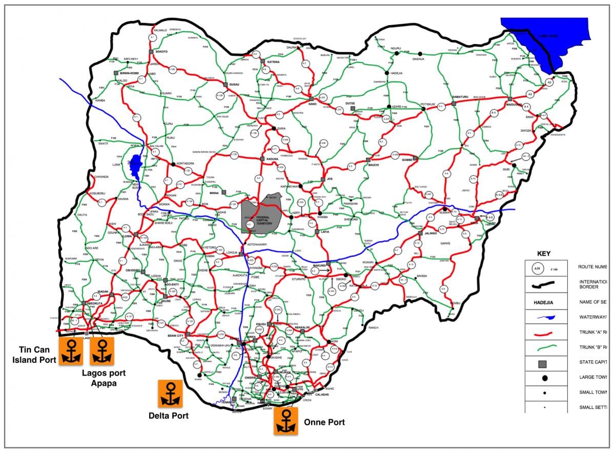 Mapa da nigéria, mostrando a rede rodoviária
