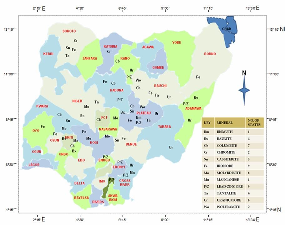 Mapa da nigéria, mostrando os recursos minerais