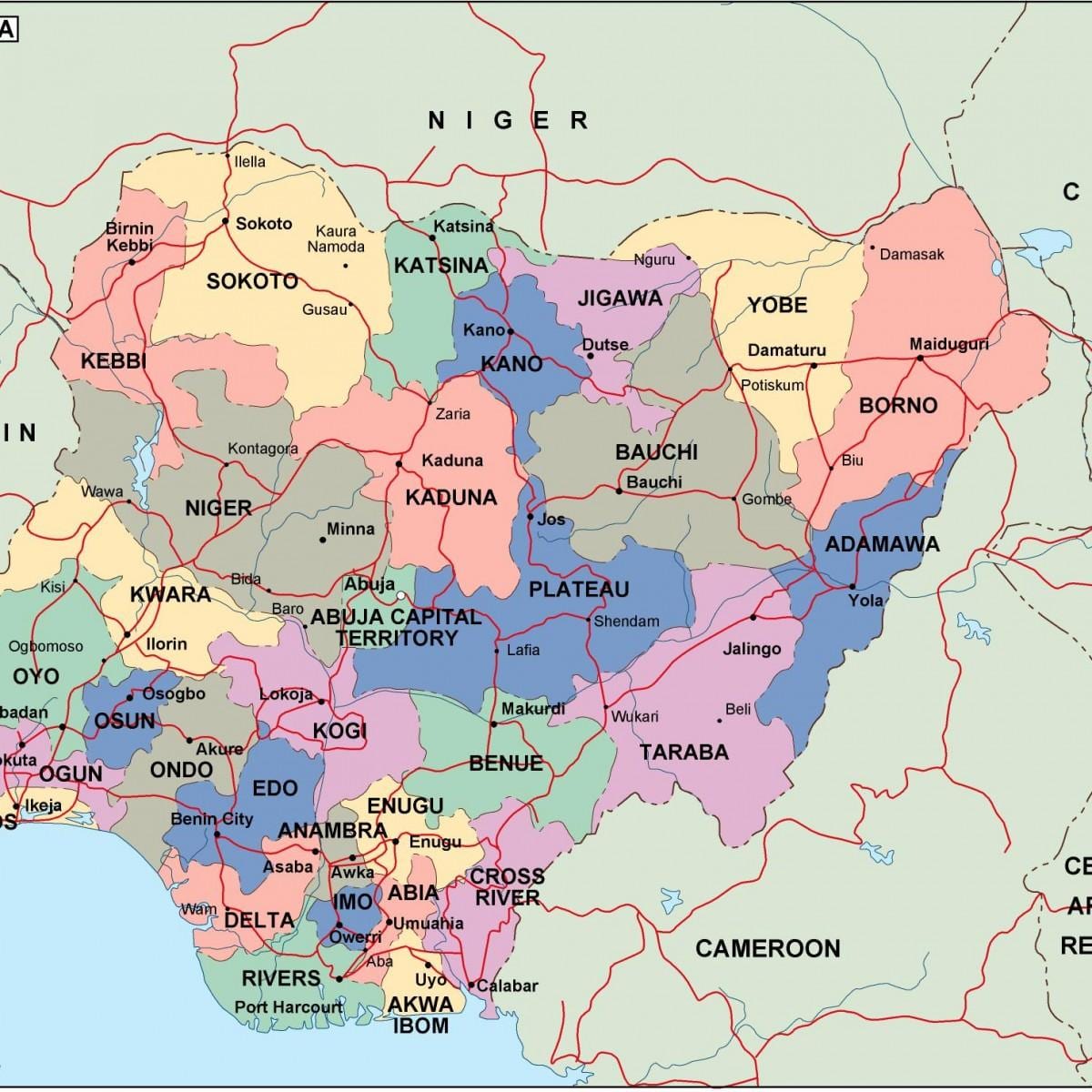 Mapa da nigéria com os estados e cidades