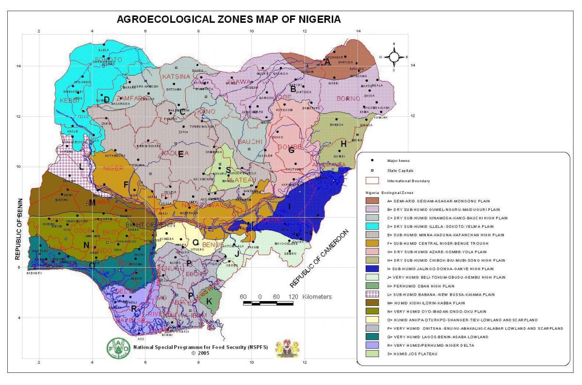 mapa da nigéria, mostrando as diferentes zonas de vegetação