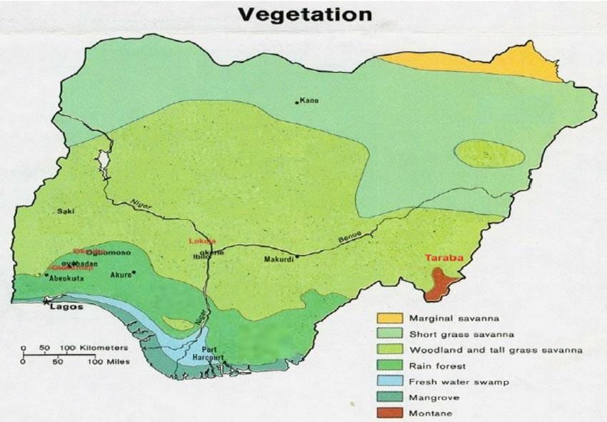 mapa da nigéria, mostrando a vegetação