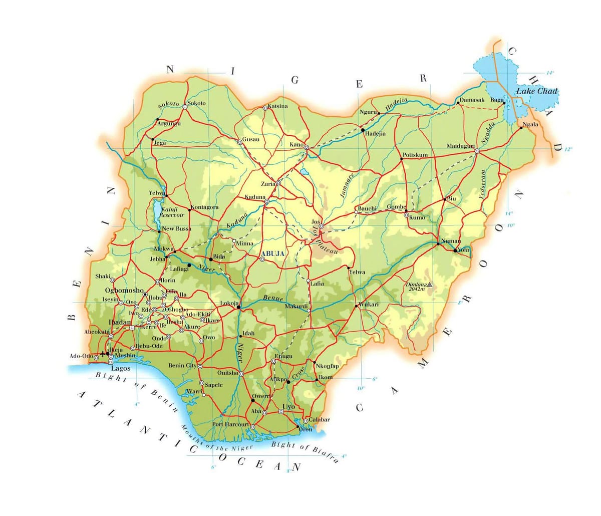Mapa de elevação da nigéria