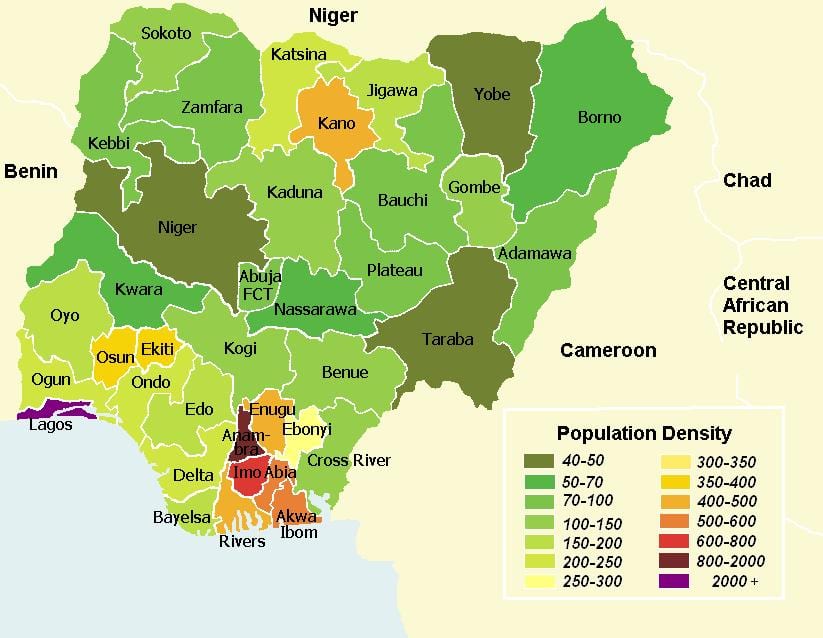 nigéria densidade populacional mapa