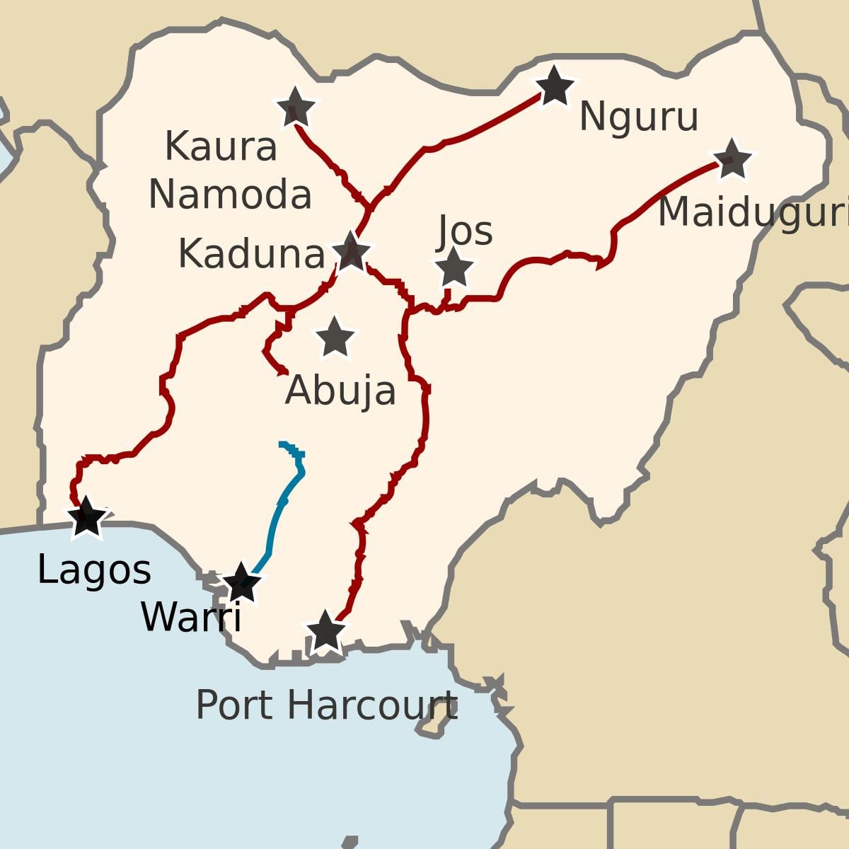 mapa da nigéria, mostrando linhas de caminho de ferro