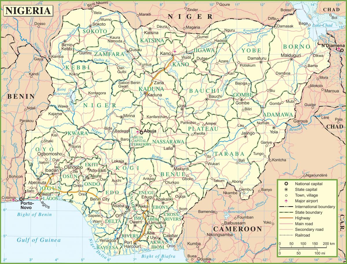 mapa da nigéria, mostrando estradas principais